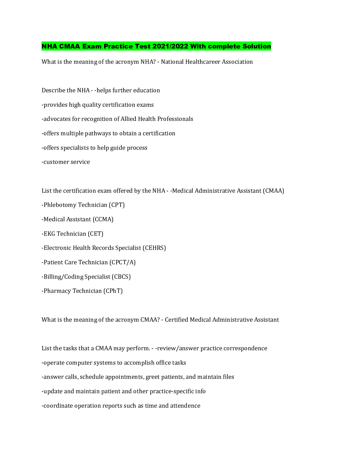 Preview image for NHA CMAA Exam Practice Test 2021/2022 With complete Solution
